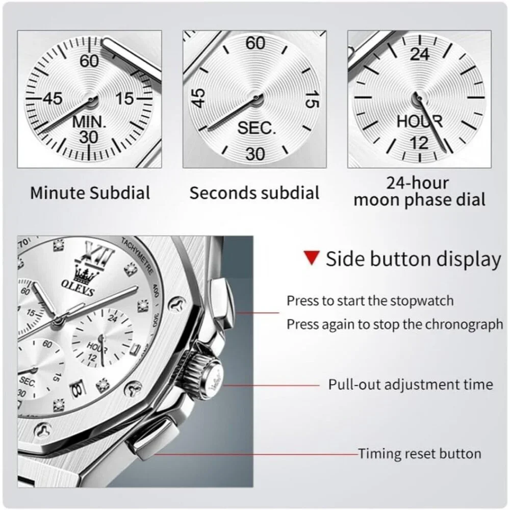 Olevs Men's Sliver Stainless Steel Man Watch with Date Luminous Stylish Watch